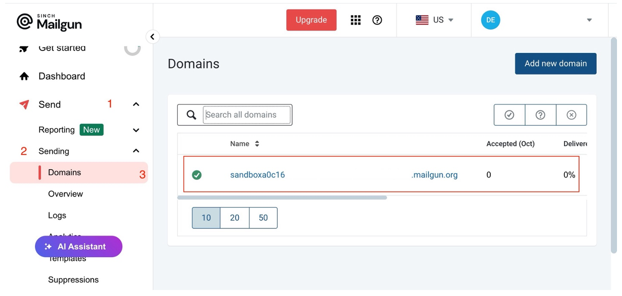 Sending Domain screen