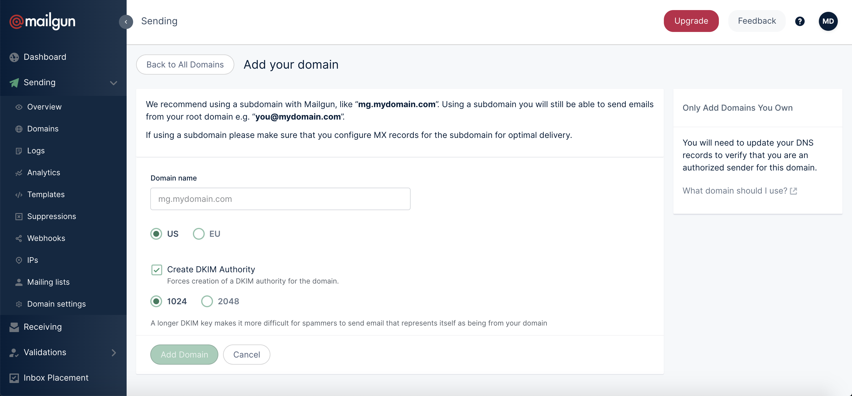 Mailgun verify domain dashboard