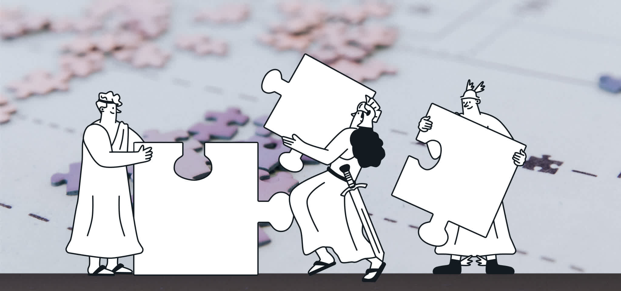 Des dieux faisant des puzzles sur une table de puzzle