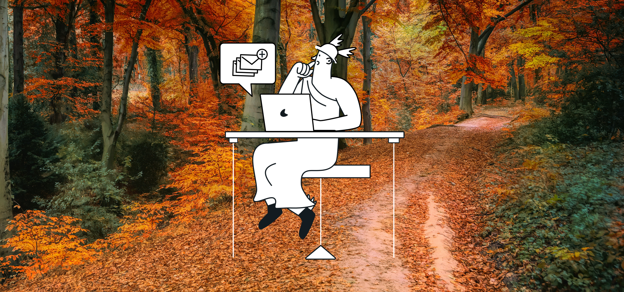 Hermes in a forest with a laptop.