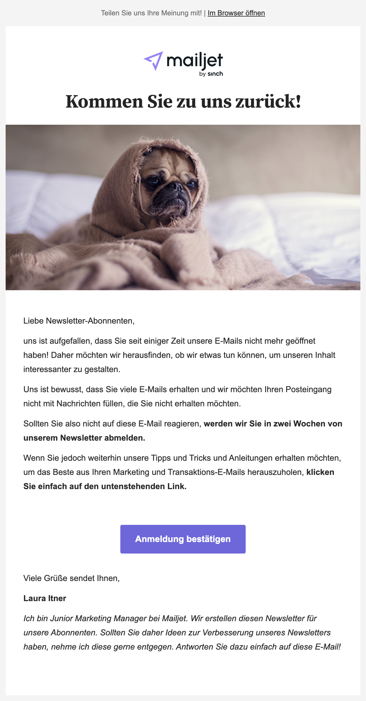 Kampagne für erneute Interaktion, die einen Mops zeigt