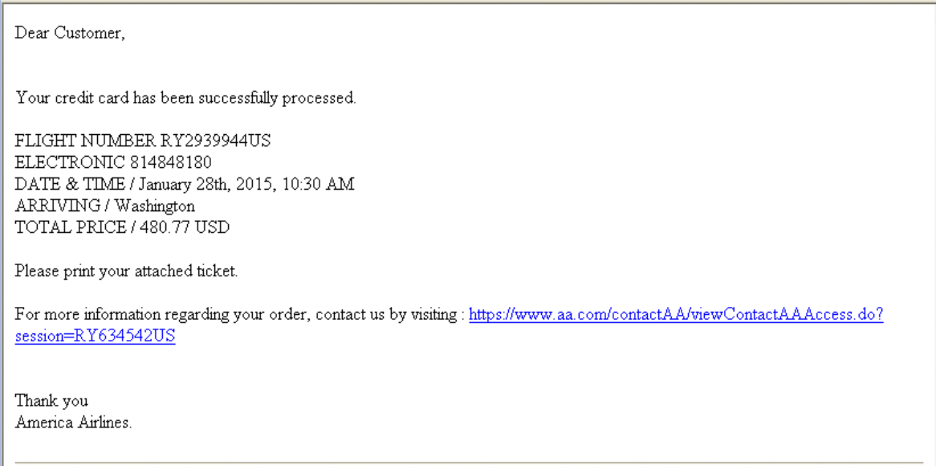 Image shows example of Trojan Horse email scam where the recipient is asked to download an attachment.