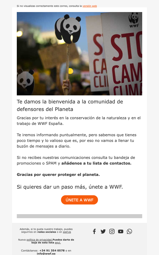 Email de bienvenida de WWF, animándote a unirte a la comunidad en defensa del planeta.