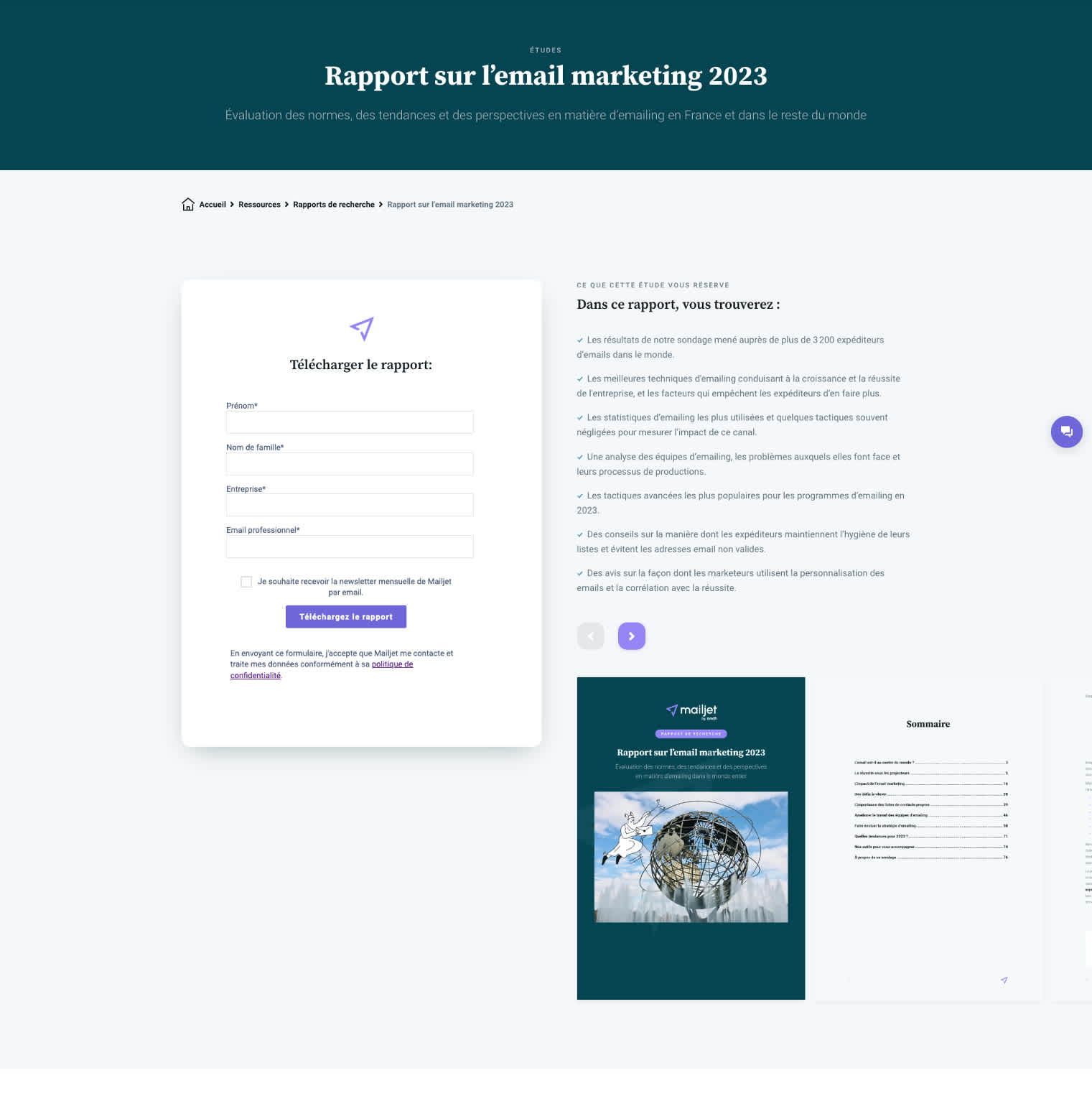 Capture d’écran de la page de téléchargement du Rapport sur l’email marketing 2023 de Mailjet