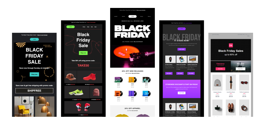 Cinco diseños de plantillas de email de Mailjet para Black Friday.