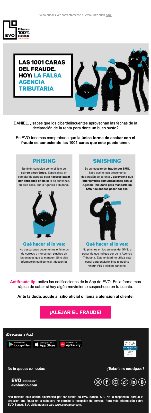 Un correo de EVO con un fin educativo sobre smishing y phishing.