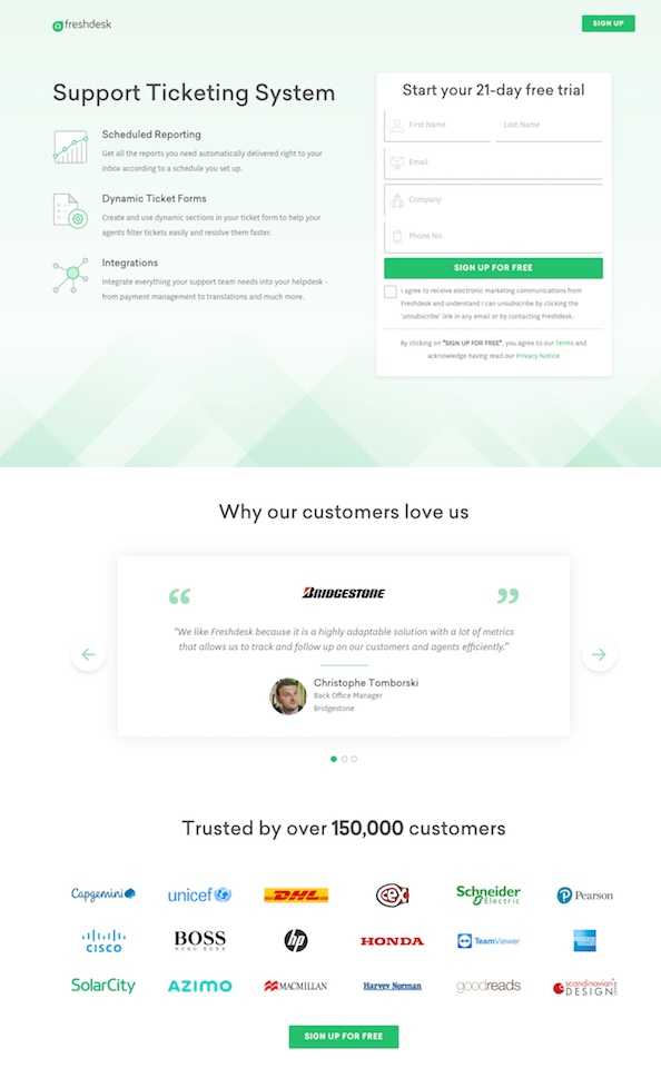 Ejemplo de página de destino con lista de beneficios y prueba social de Freshdesk.