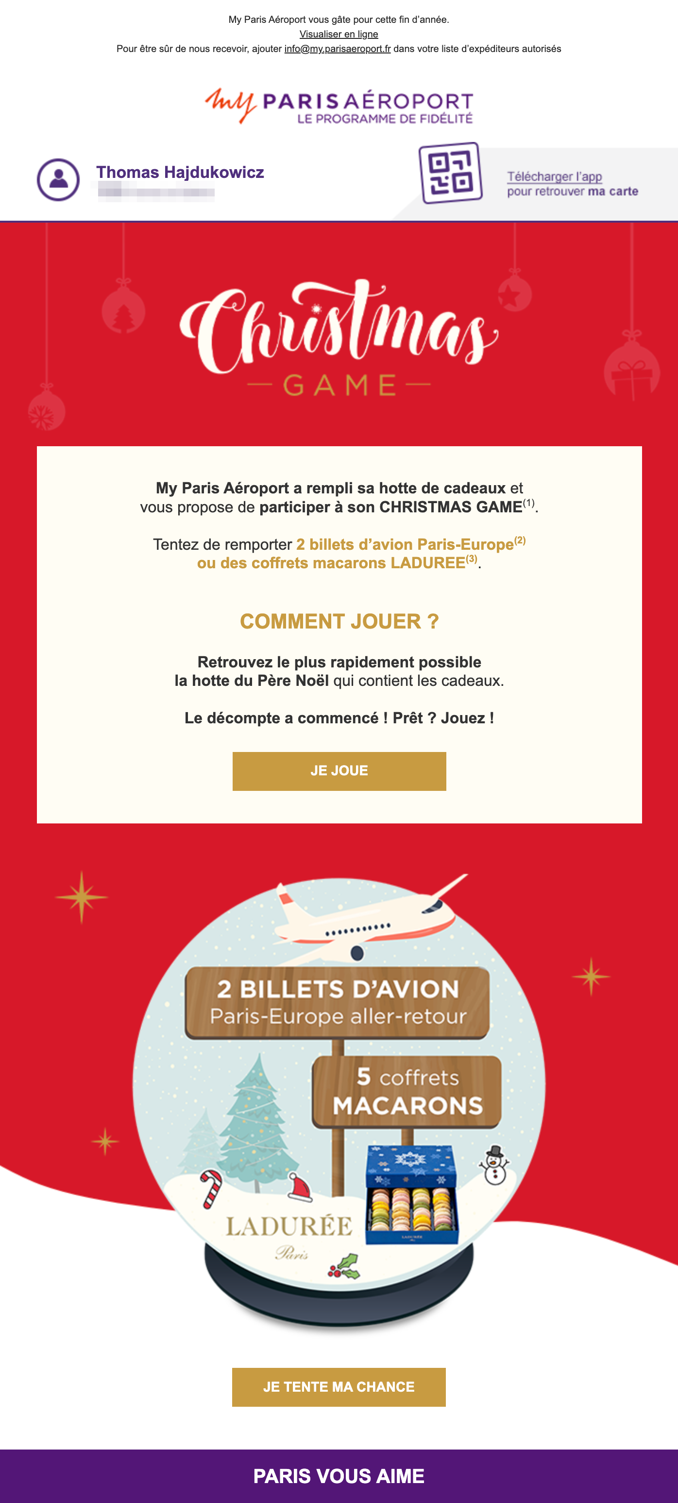 Capture d’écran d’un email envoyé par My Paris Aéroport à l’occasion de Noël
