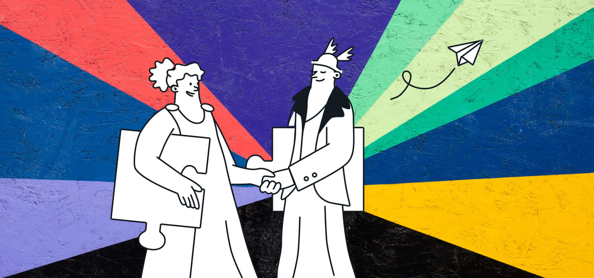 dios y diosa con pieza de puzzle se dan la mano delante de un fondo de arco iris
