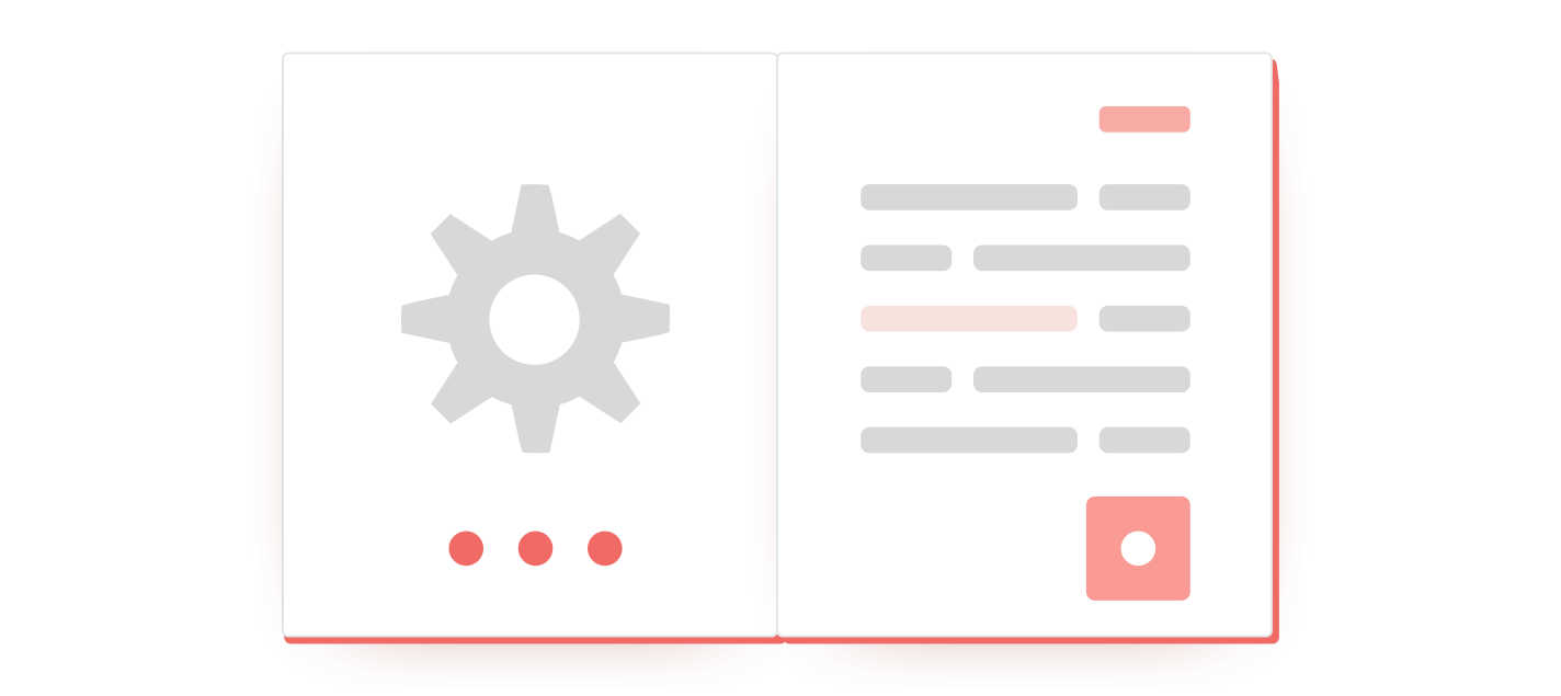 A graphic image of a document with a gear wheel on the left page to represent settings.