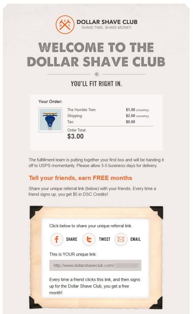 Dollar Shave Club welcome transactional email