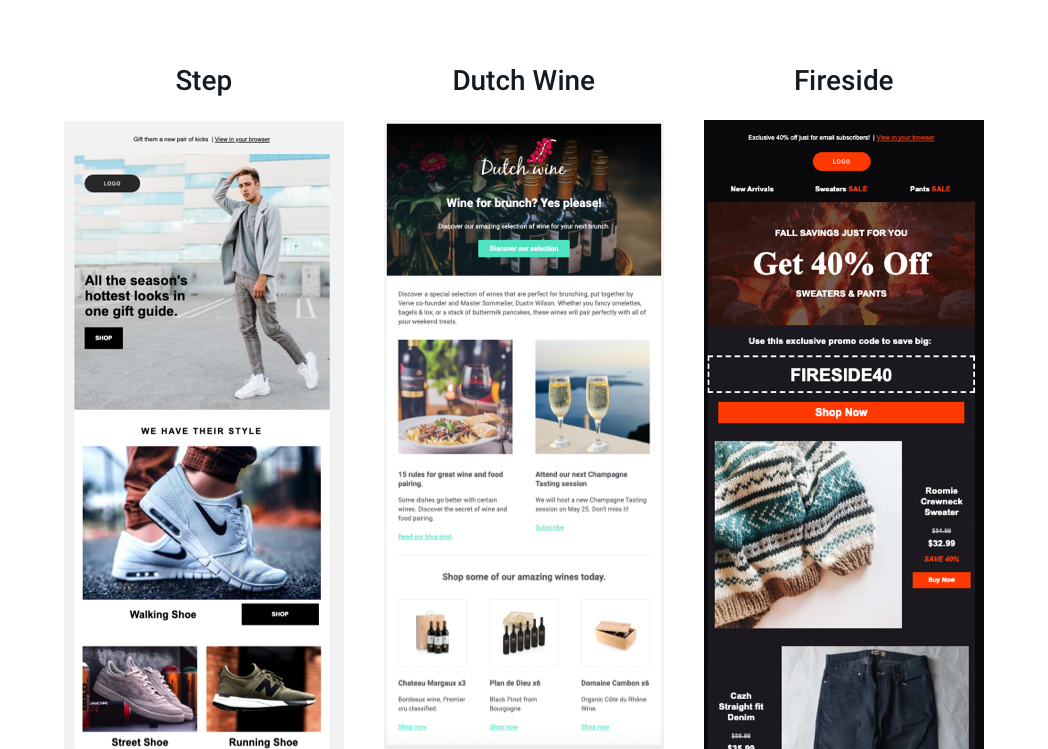 Mailjet’s Step, Dutch Wine, and Fireside templates.