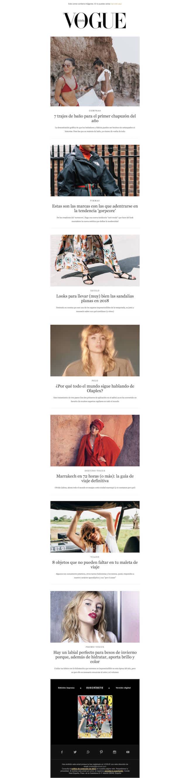 Ejemplo de newsletter de Vogue con un diseño elegante y cuidado