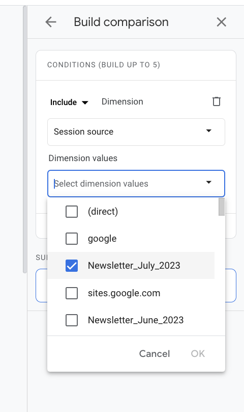 Menú desplegable de valores de dimensión en Google Analytics 4