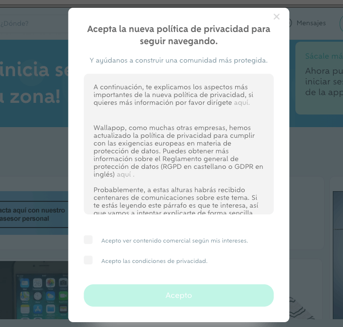 Pop up política de privacidad wallapop