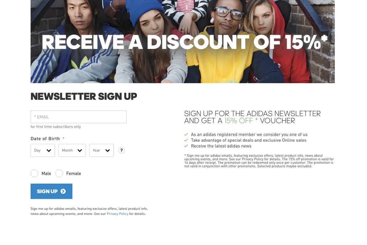 15% discount newsletter signup incentive