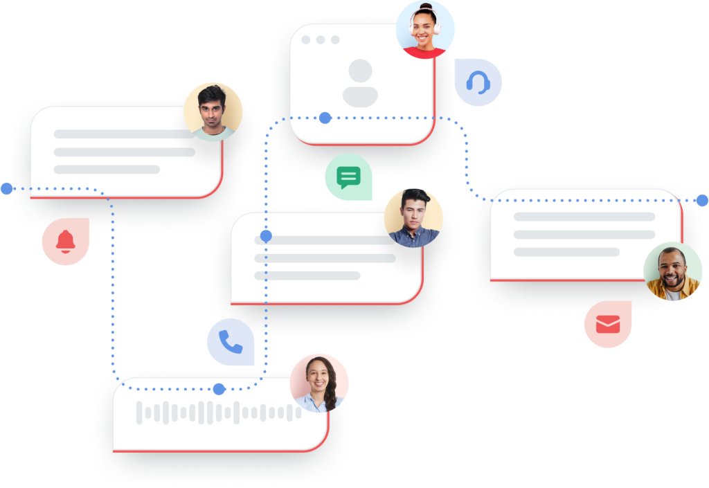 Connections across communications with icons of different people