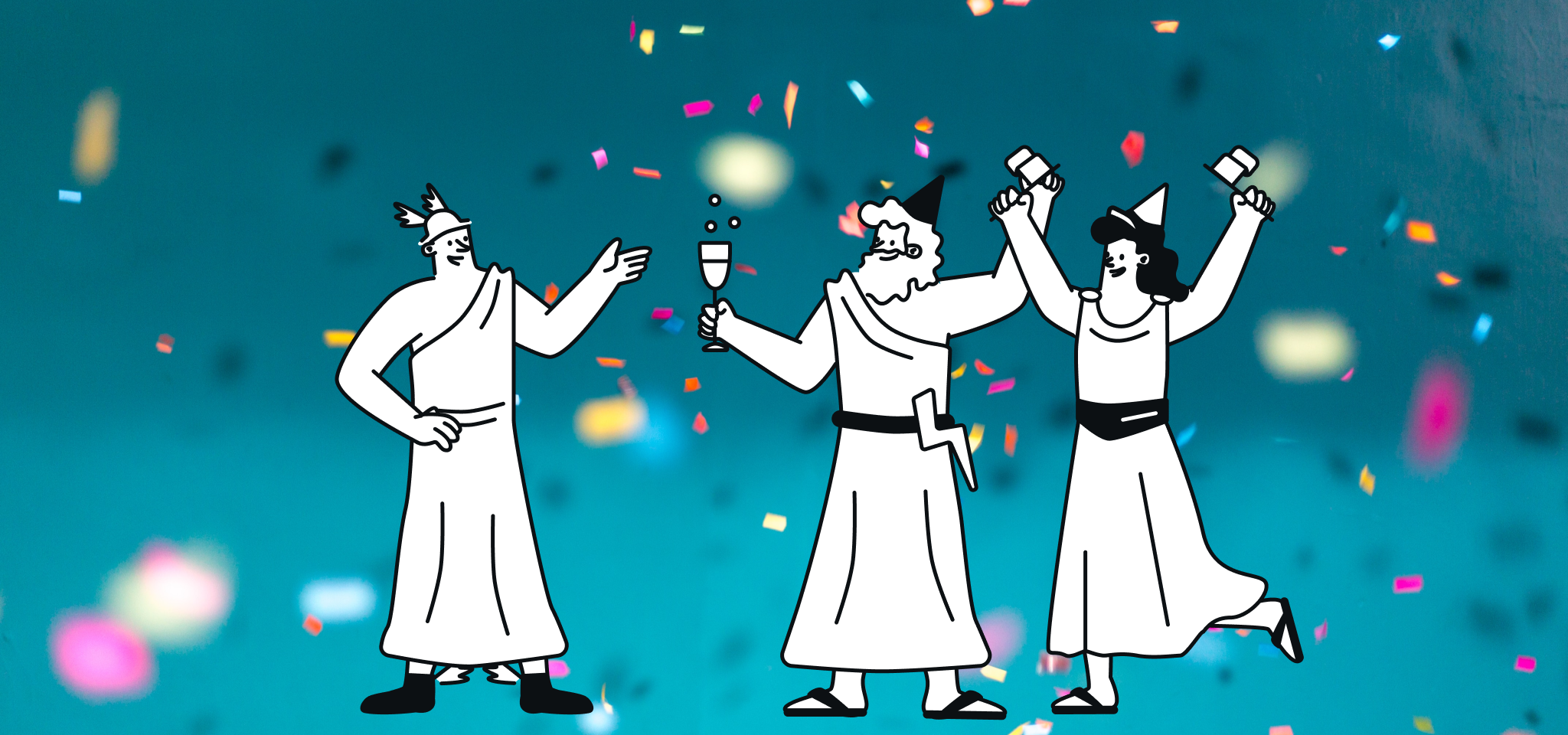 Tres dioses celebrando el Año Nuevo.