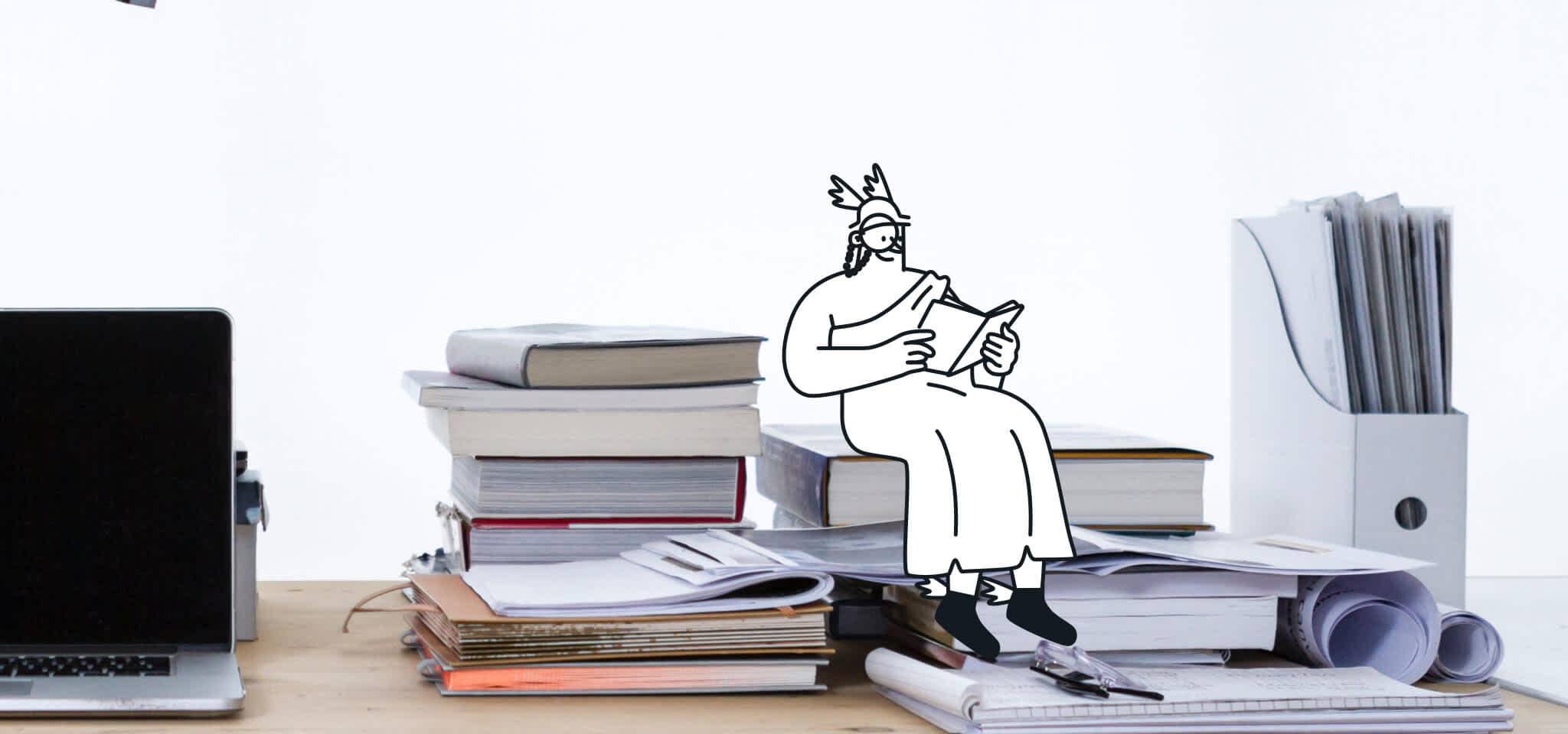 Hermes sitzt auf Büchern und liest