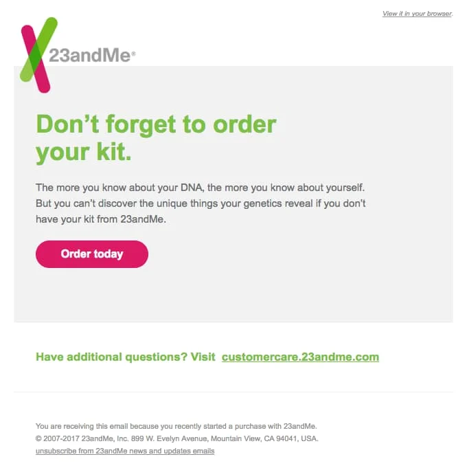 Abandon cart email with short copy and CTA.
