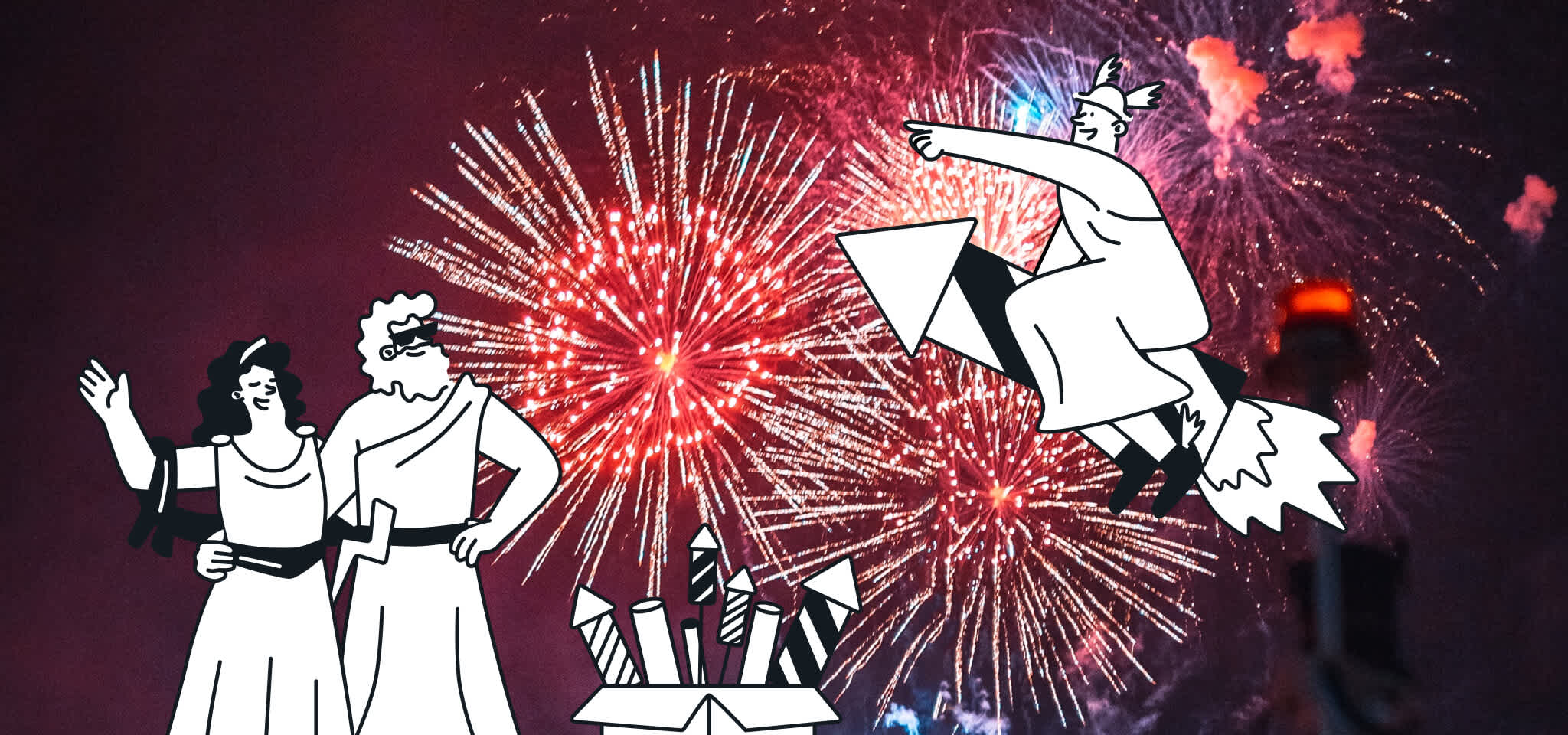 Hermes and two other Gods celebrate with fireworks