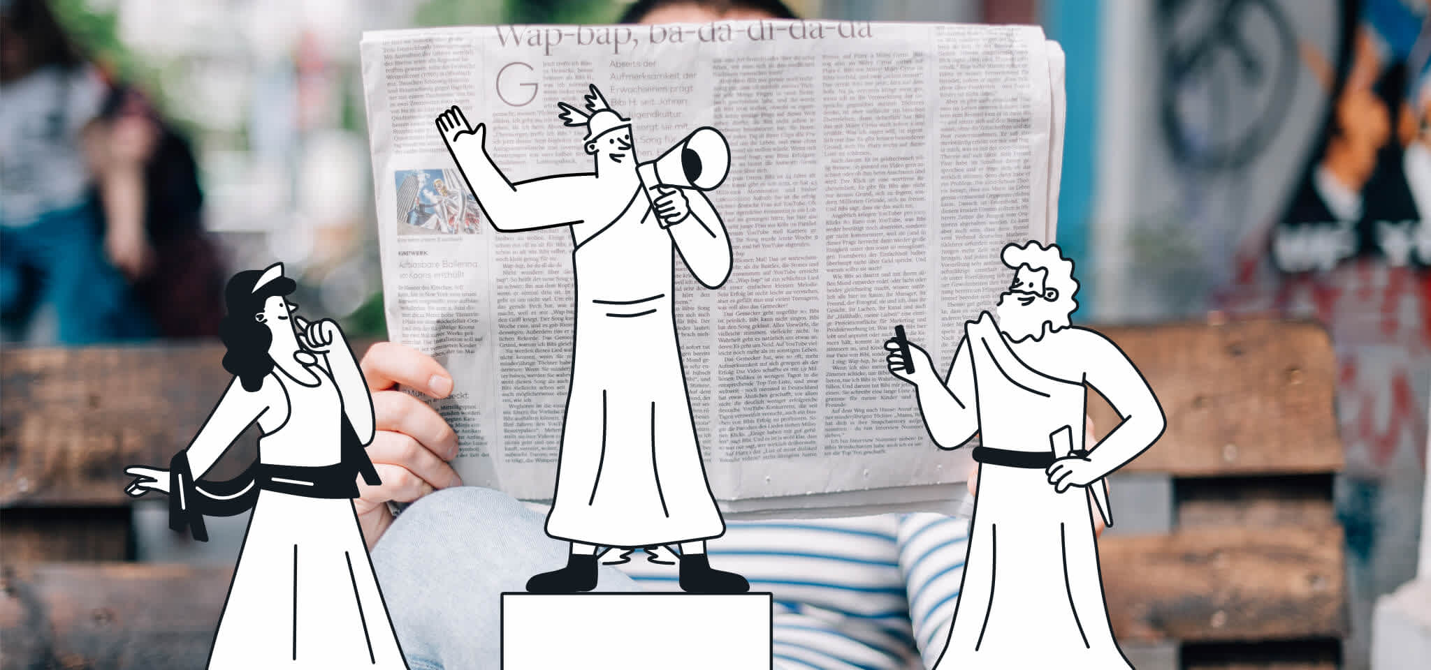 Hermès crie devant un journal et deux Dieux écoutent
