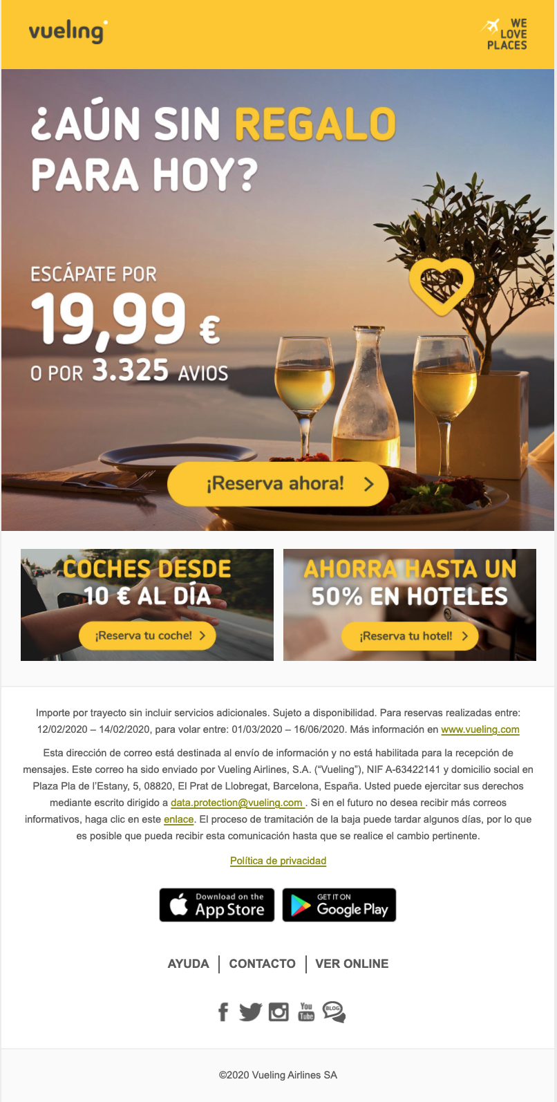 Newsletter de Vueling del día de San Valentín con ofertas de última hora.