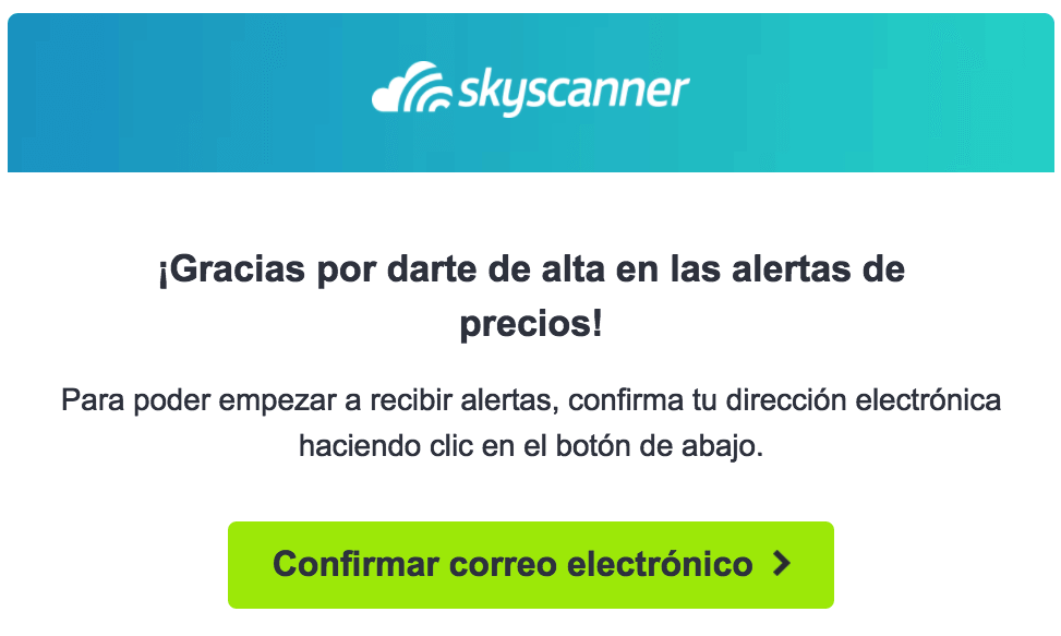 Ejemplo de correo de confirmación de Skyscanner para un proceso de doble opt in