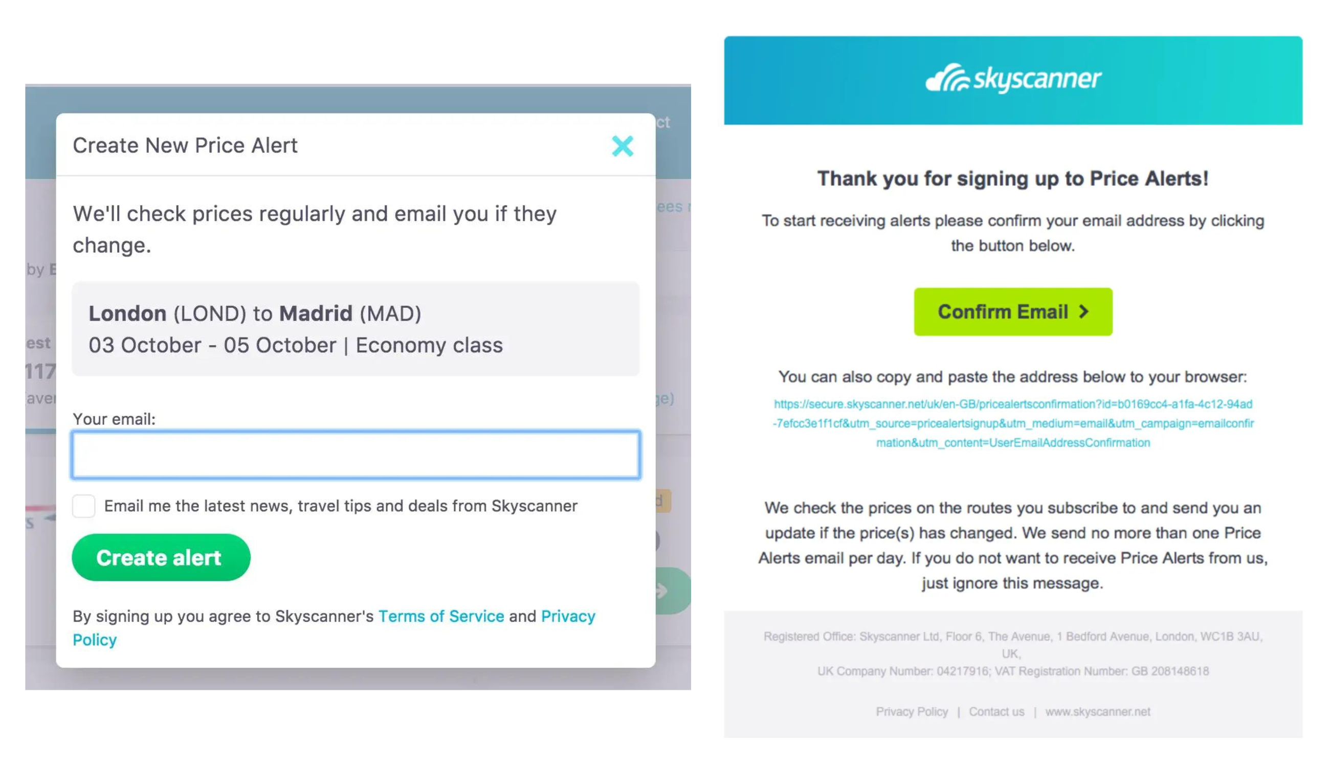 Skyscanner price alert opt-in form and confirmation email