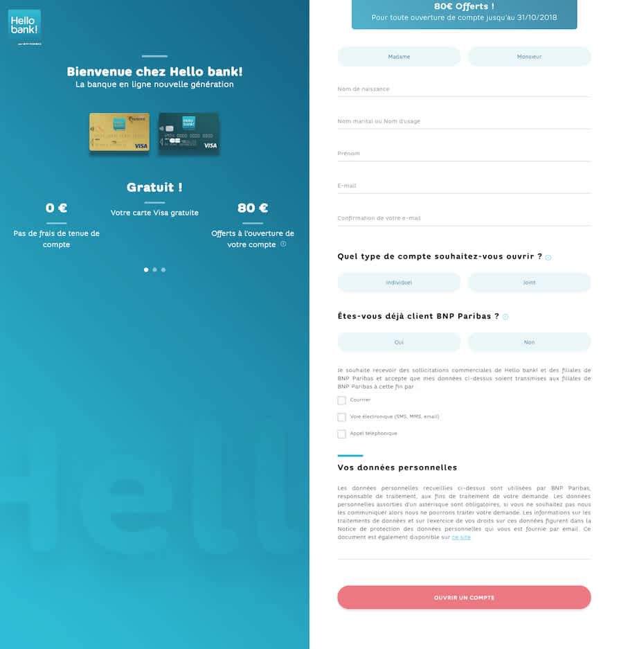 Ejemplo de página de destino para B2C de Hello Bank.