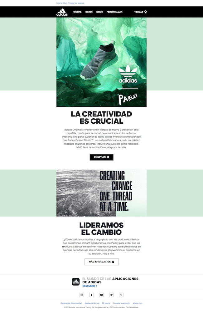 Ejemplo de newsletter de Adidas con un diseño minimalista