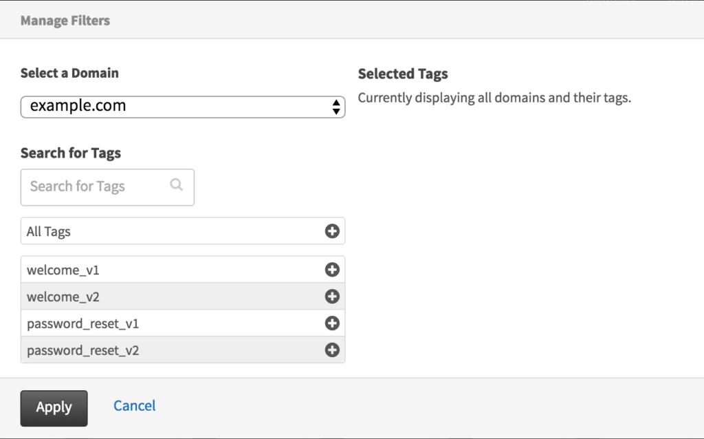 Manage filters screen with domain and tag options