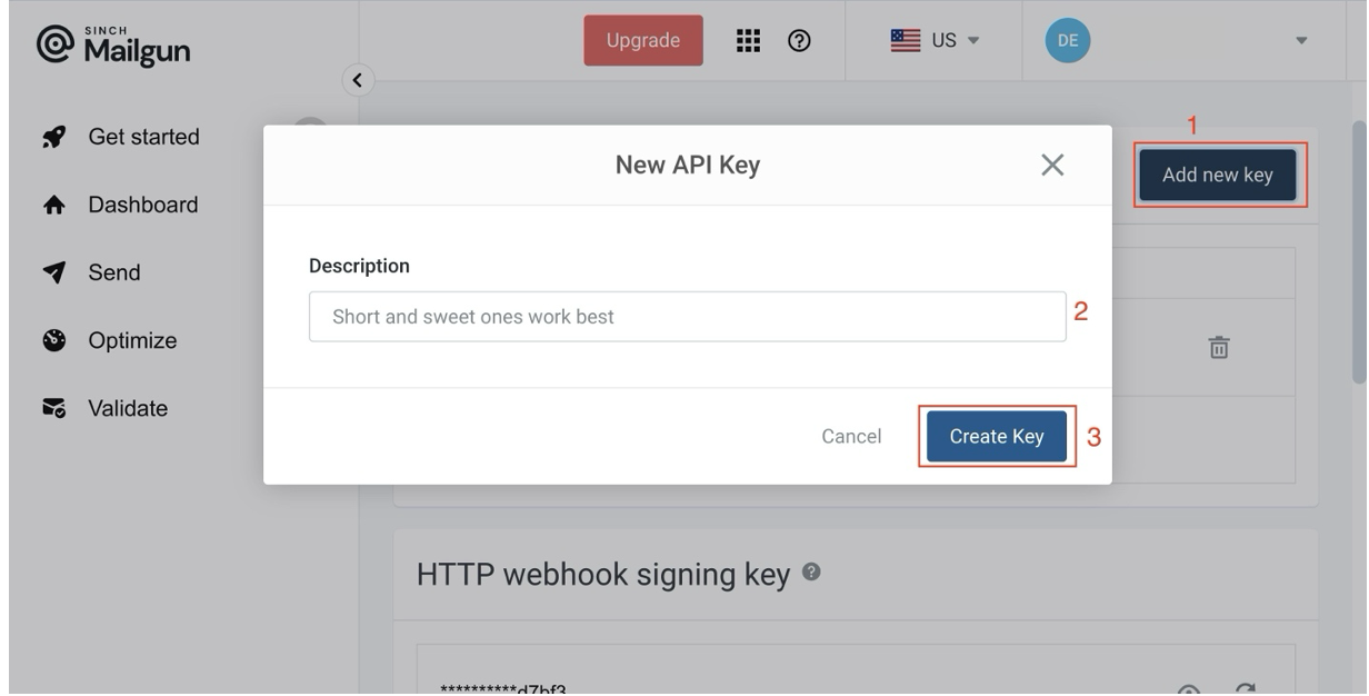 Create Key screen