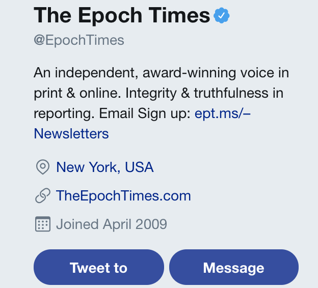 La bio de The Epoch Times en X (antes conocido como Twitter) con una CTA.