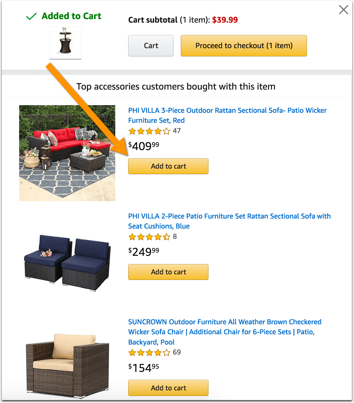 Amazon shopping cart with upsell options.