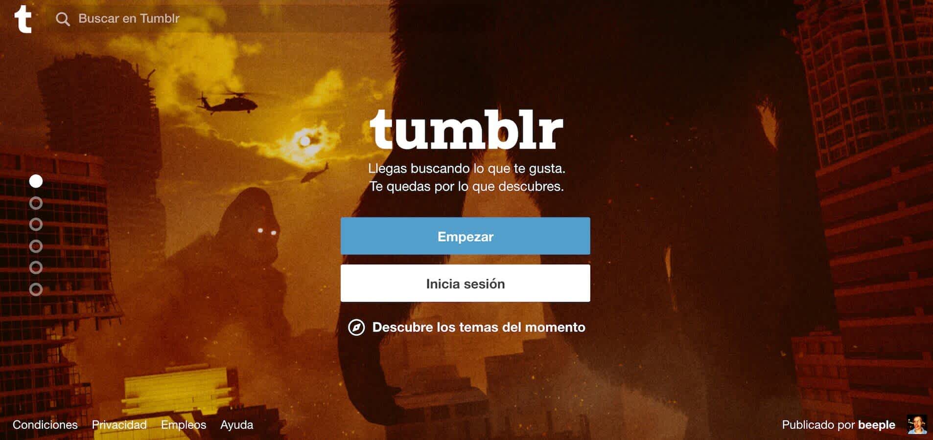 Ejemplo de página de destino para la red social Tumblr.