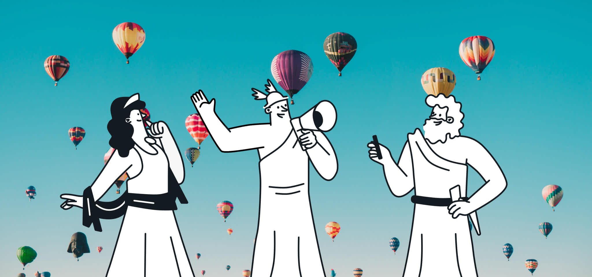 Tres dioses hacen un anuncio frente a unos globos aerostáticos