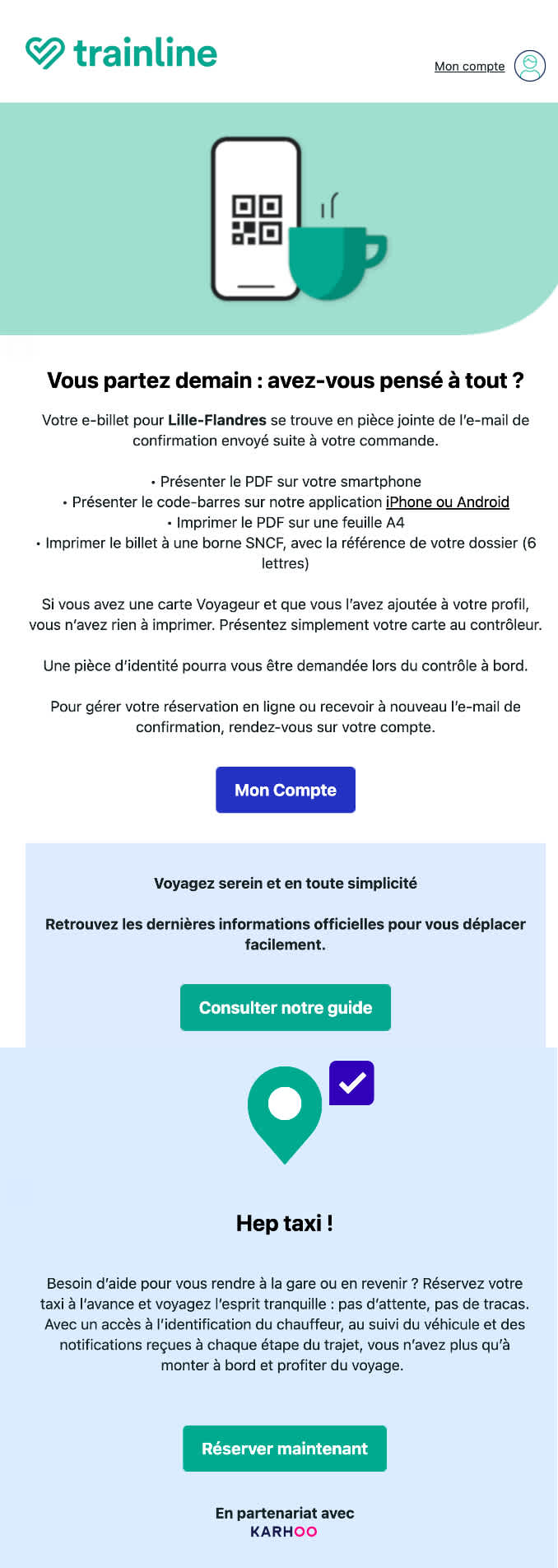 Capture d'écran d'un email transactionnel de Trainline