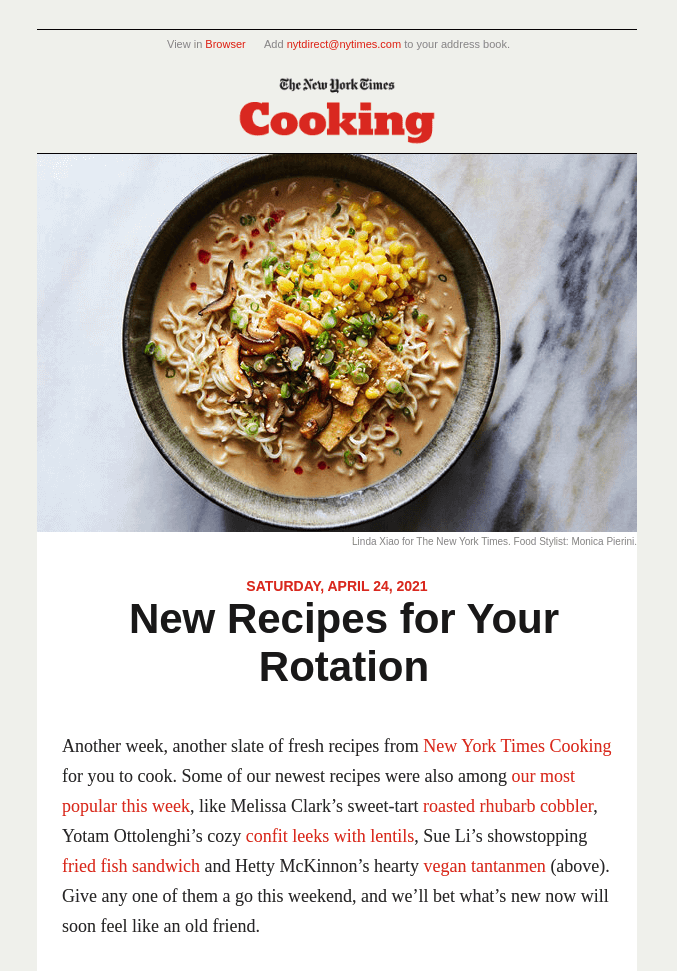 Personalized email with recipes