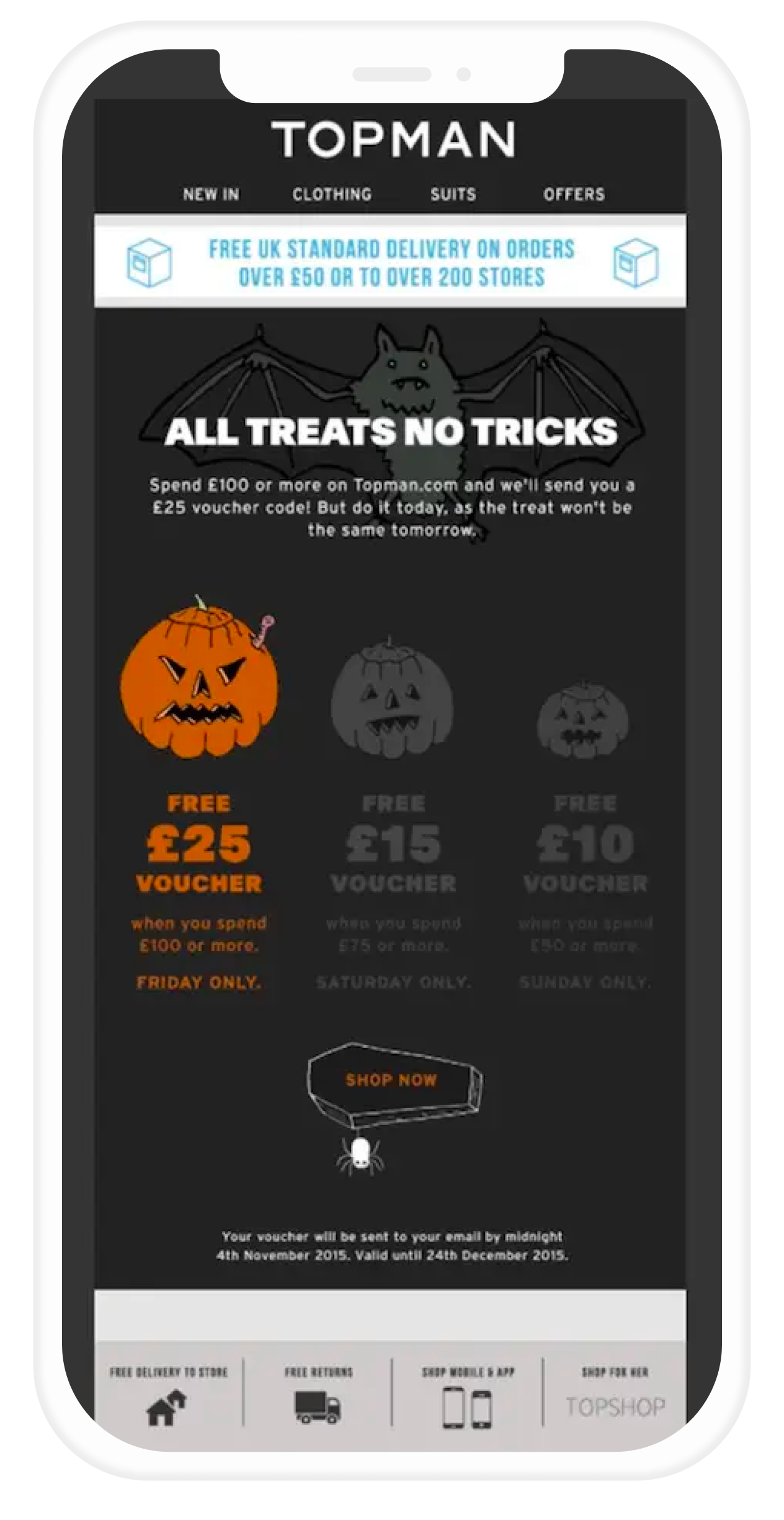 Topman Halloween email focused on deals and how to get more out of them.