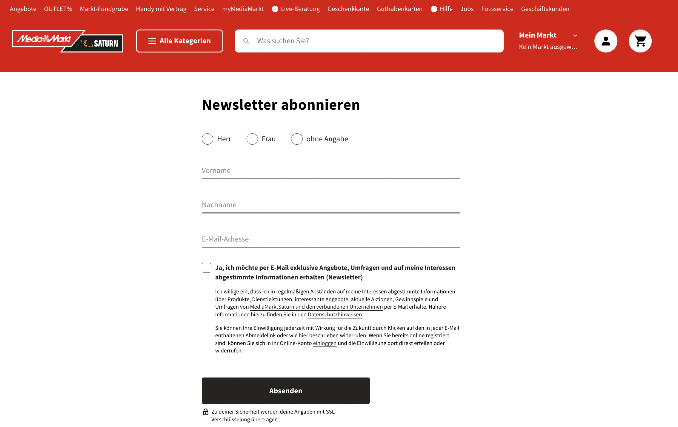 Anmeldeformular für den Erhalt des Newsletters von Saturn/Media Markt