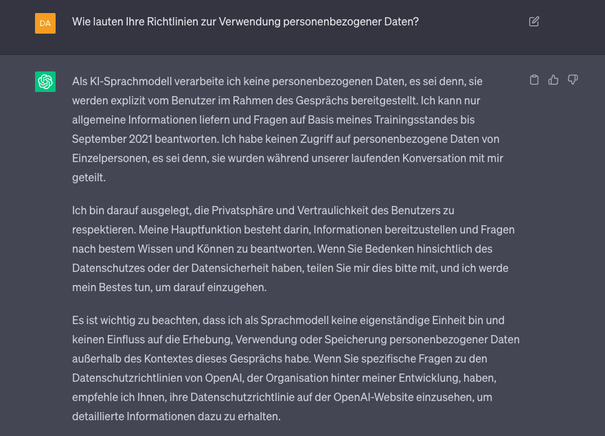 ChatGPTs Antwort auf die Frage wie die Richtlinien zur Verwendung personenbezogener Daten lauten