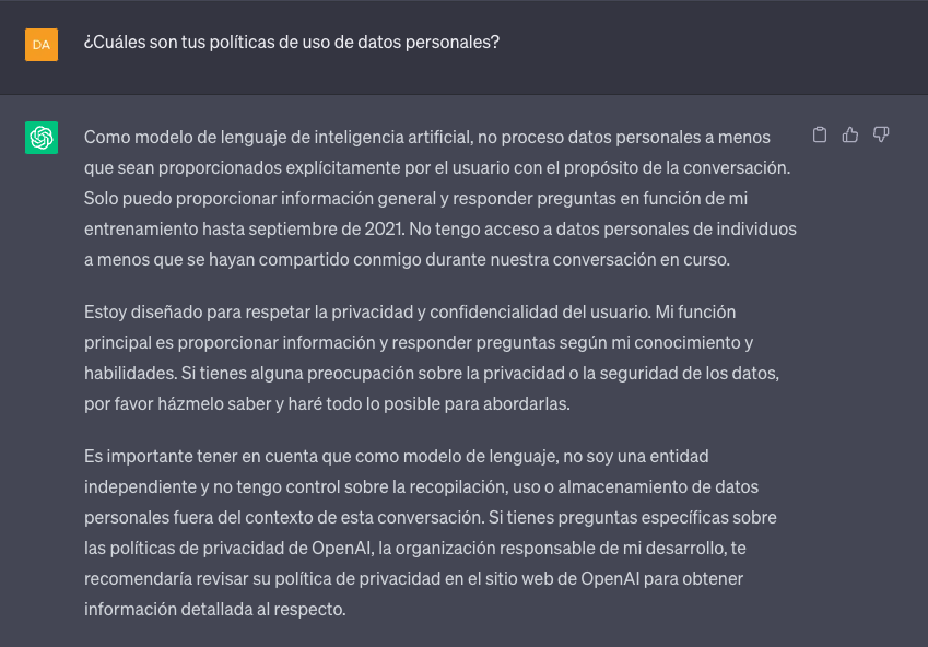 Captura de pantalla de la respuesta de ChatGPT a la pregunta “¿Cuáles son tus políticas de uso de datos personales?”