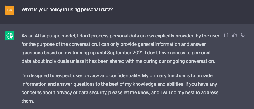 Screenshot of ChatGPT’s own answer to the question “What is your policy in using personal data?