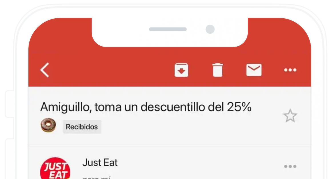 Ejemplo de línea de asunto de JustEat: Amiguillo, toma un descuentillo del 25 %