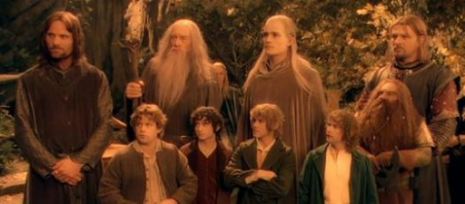 Scene from "The Lord of the Rings: The Fellowship of the Ring" of the fellowship together