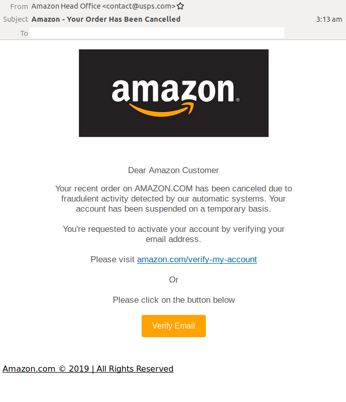 Ejemplo de suplantación de email de Amazon