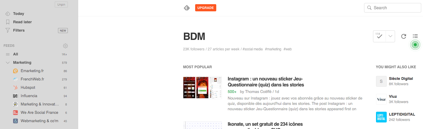Capture d’écran de l’interface utilisateur de Feedly