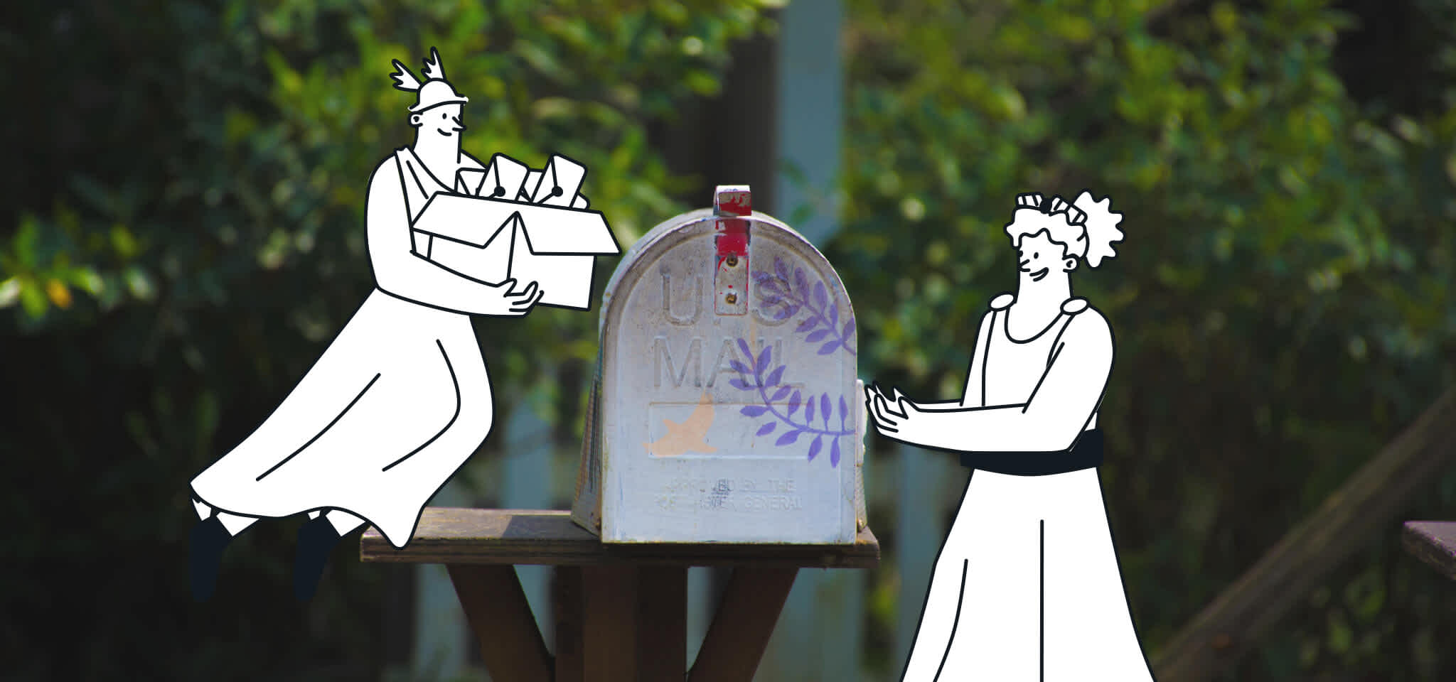 Hermes and a Goddess deliver mail to a cute mailbox