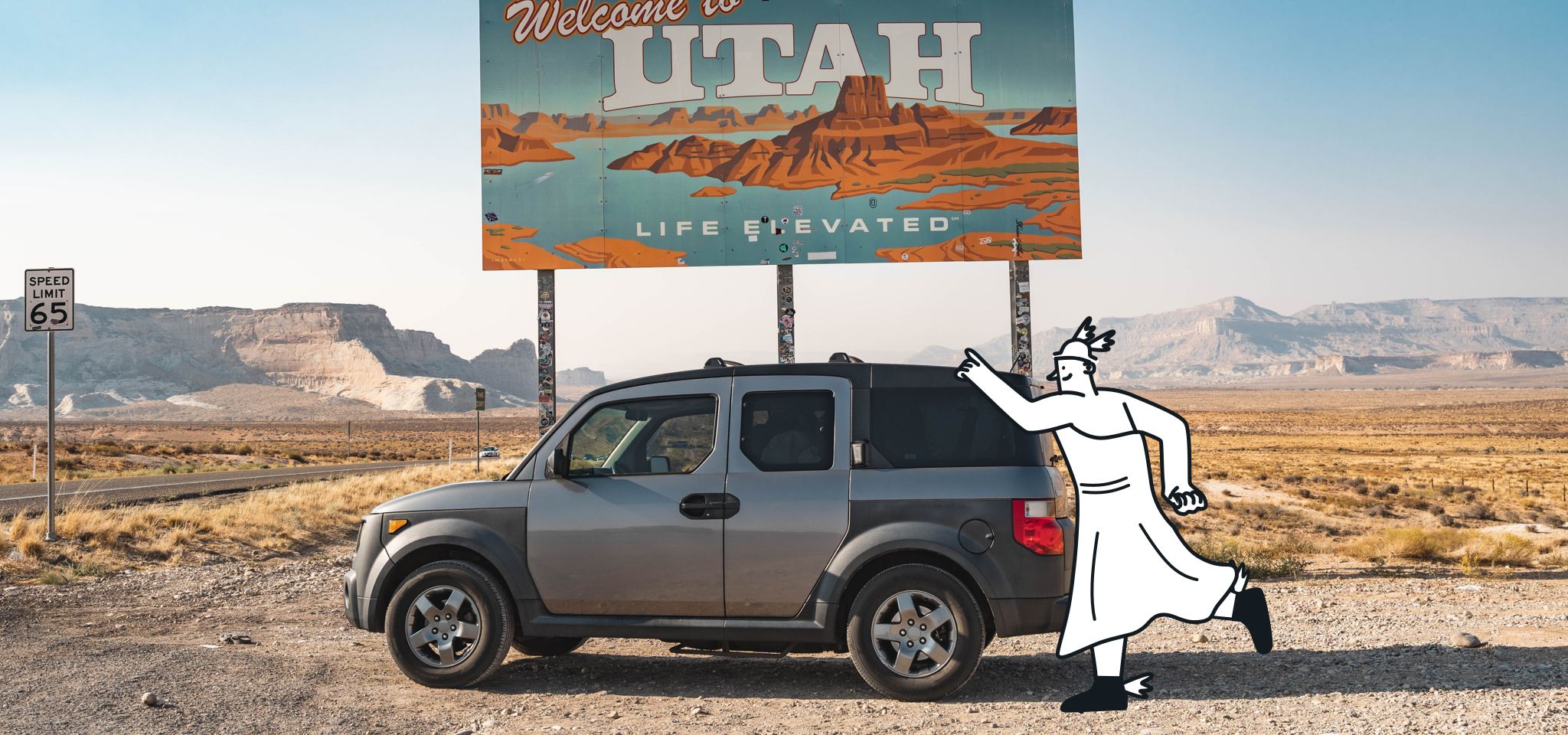 Hermes chasing a car in front of a Utah billboard